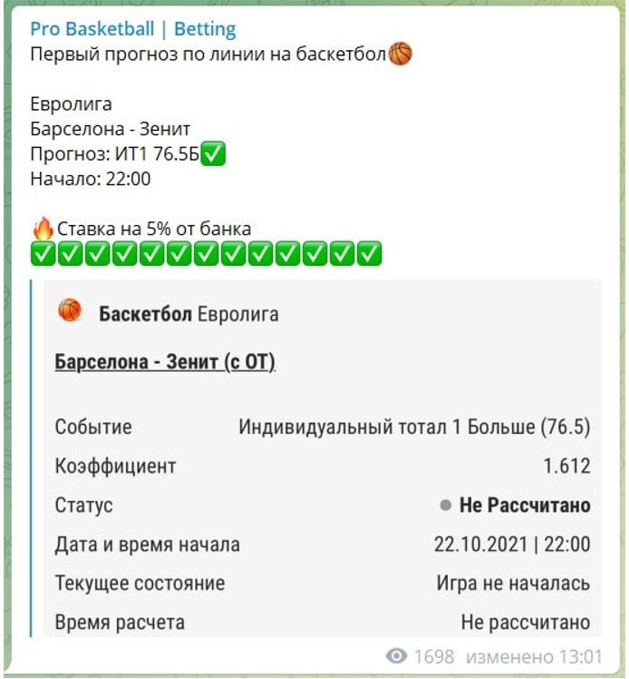 Ставки в Телеграмм Pro Basketball капер
