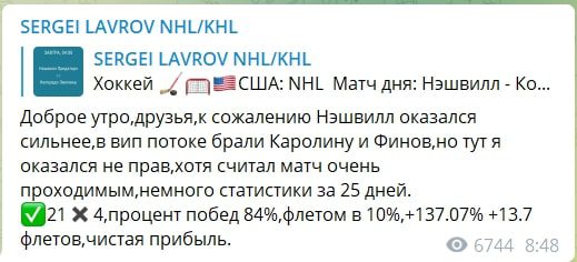 Статистика проходимости прогнозов от SERGEI LAVROV NHL/KHL