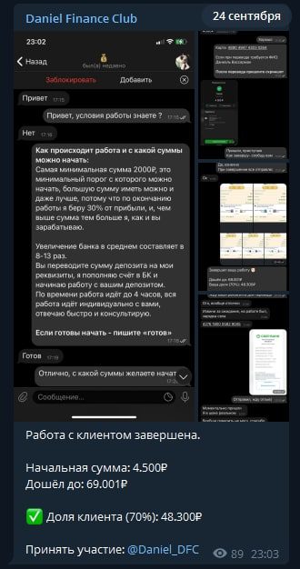 Стоимость раскрутки от каппера Daniel Finance_Club в Телеграмм