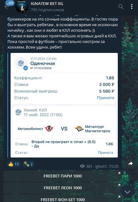 Телеграмм канал IGNATEW BET